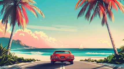 Road with car, sea, and palms.