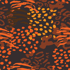 Mix spot animal skin prints, leopard, jaguar seamless pattern vector design. Predators skin merges. Dotted texture. Spots. Abstract spotted background. Shades of earth. Brown tones.