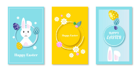Happy Easter banner. Vector design with typography, little chicken, colorful eggs and bunny. Modern minimal style. Vector poster, greeting card or header for website 