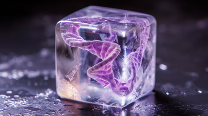 Crystal clear ice cube, with a violet DNA as  embedded within.