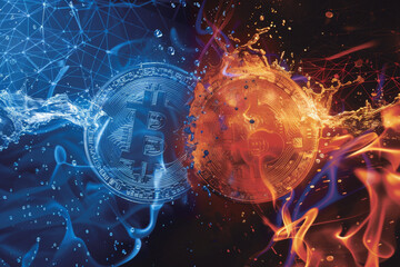 Symbolic Duality, Gold Bitcoin with Fire and Water Elements - obrazy, fototapety, plakaty