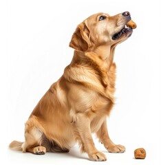 full body dog chewing eating snack treat on white background, side view 