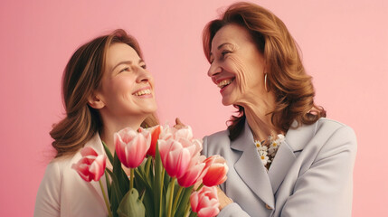 Happy mother's day! Beautiful young woman and her mother with flowers - 742706694