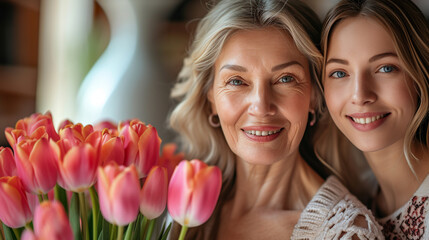 Happy mother's day! Beautiful young woman and her mother with flowers - 742706860