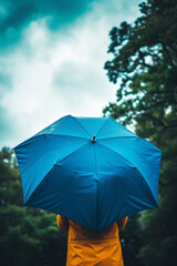 A blue umbrella, held by a person in a park under a cloudy sky, is presented, showcasing water drops and gesture.