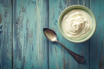 A bowl of yogurt with a spoon is sitting on a blue wooden table, the scene is captured from an aerial view, showcasing the ivory color of the yogurt. - obrazy, fototapety, plakaty