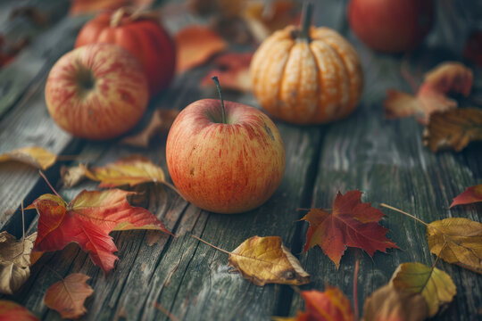 Thanksgiving background: Apples, pumpkins and fallen leaves on wooden background. Copy space for text.