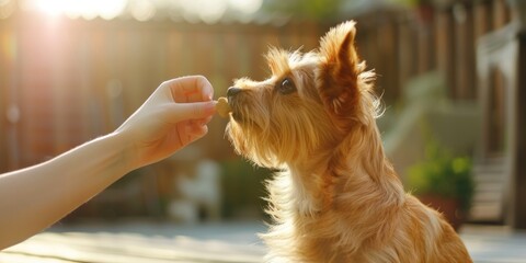 closeup a hand feeding a dog with treat, with modern indoor house background copy space 