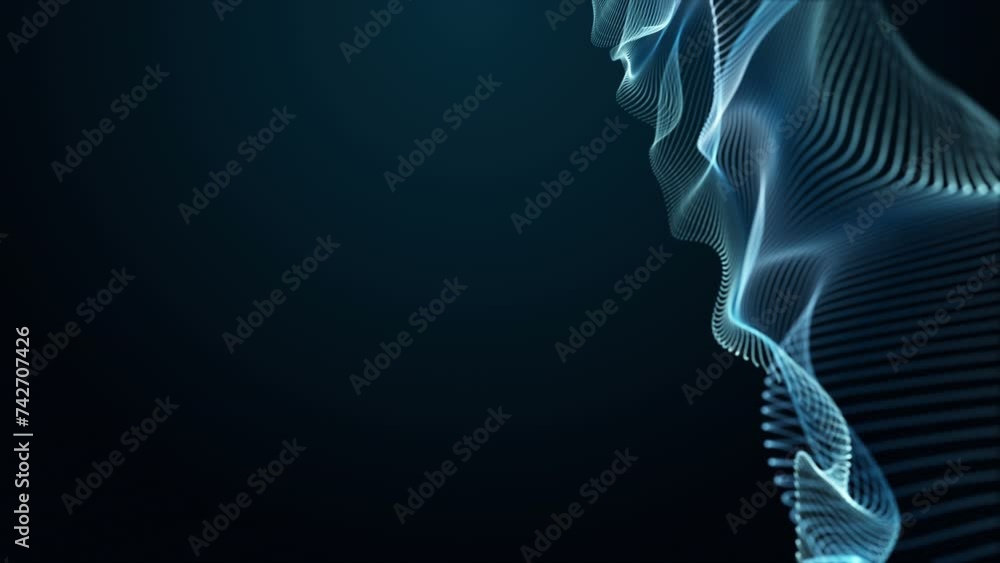 Poster futuristic video animation with particle wave object in slow motion and space for text, 4096x2304 lo