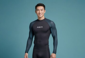 An athlete dressed in a sleek wetsuit prepares for a dive, his posture reflecting readiness and excitement for aquatic sports. - obrazy, fototapety, plakaty