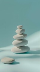 White sea pebble stone stack on light blue background. stack of White spa zen stones on light blue . Zen concept with copy space for text for web banner. Generative ai