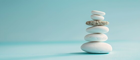 Fototapeta na wymiar White sea pebble stone stack on light blue background. stack of White spa zen stones on light blue . Zen concept with copy space for text for web banner. Generative ai
