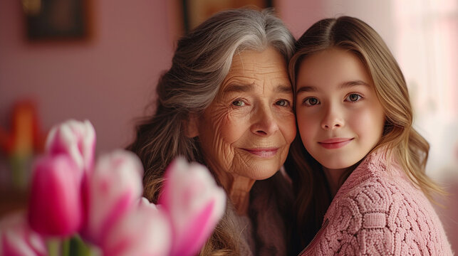 Happy mother's day! Beautiful young girl and her grandmother with flowers