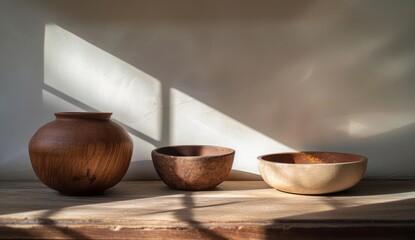 A vase and bowls are placed on a wooden countertop, showcasing terracotta aesthetics, an Australian landscape, naturalistic light and shadow, and a light white color.