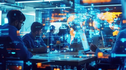 Team analyzing data on futuristic digital interfaces in a high-tech operations center.