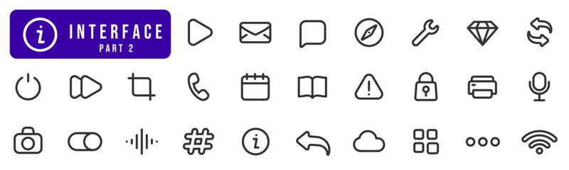 Basic user interface line icon set. Camera, lock, cloud, calendar, crop, refresh etc. Part 2 © tutti_frutti