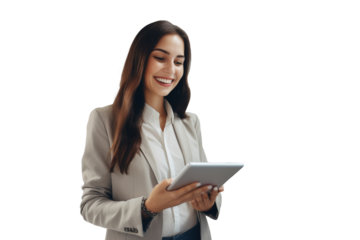 A female manager is using a tablet at work, a successful businessman in business attire.