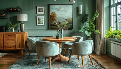 Mint-colored chairs surround a round wooden dining table in a room with a sofa and cabinet near a green wall. This Scandinavian, mid-century home interior design creates a modern living room with a to