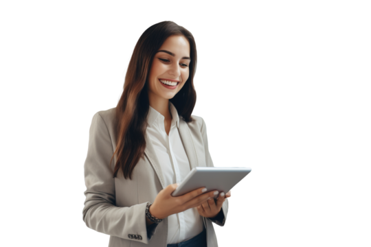 A female manager is using a tablet at work, a successful businessman in business attire.
