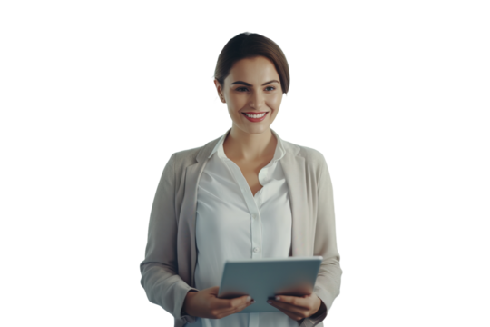 A female manager is using a tablet in the office. She's dressed in business attire and is a positive bank employee.
 - Powered by Adobe