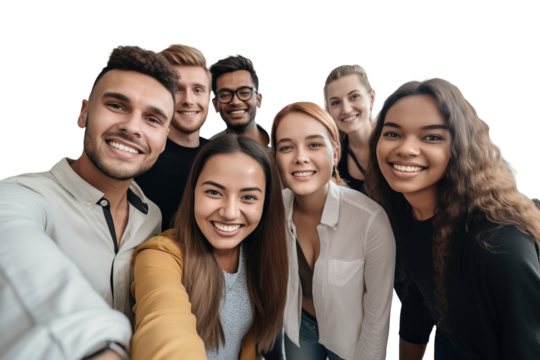 A group of people are seen in a selfie, smiling and looking into the camera. They appear to be a team of employees working in the office.
