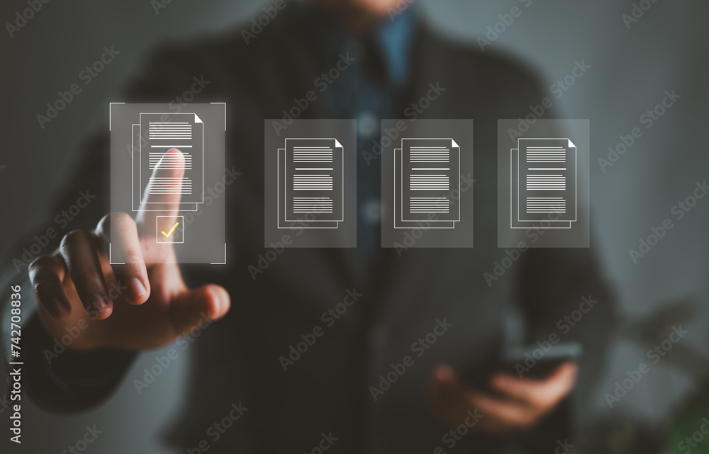 Poster e-document management, online documentation database, paperless office concept, businessman touching