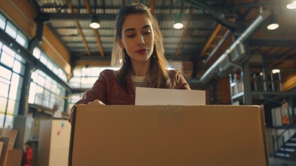 Young woman throws a letter into a cardboard box
