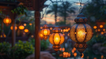 Lanterns decorate in the garden at night time. - obrazy, fototapety, plakaty