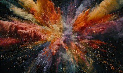 Explosion of bright colorful paint on black background, burst of multicolored powder, abstract pattern of colored dust splash