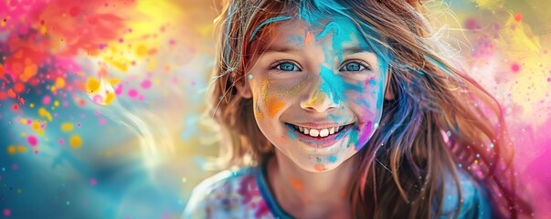 portrait happy smiling young girl celebrating holi festival, colorful face, vibrant powder paint explosion, joyous festival.