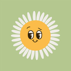 Collection of magnificent chamomile flowers. Retro daisy smiles in cartoon style. Set of happy 70s stickers. Vector graphic illustration in hippe style.