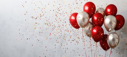 Gold and red balloons and sparkly confetti on a white background. Celebration