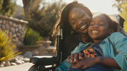 Mother and disabled child in a wheelchair, candid black african american family love. Mom and child with a disability relaxing and bonding in nature