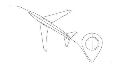 Continuous single line sketch drawing of airplane flying from maps pin pointer location. One line art of holiday travel tourism vector illustration