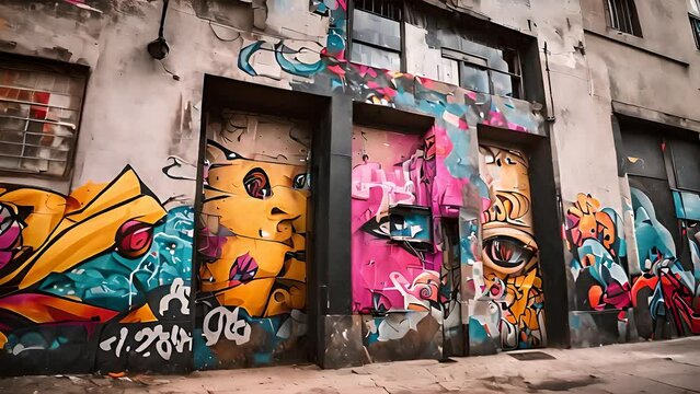 Explore a myriad of graffiti designs adorning the exterior of a building, showcasing a blend of colors, styles, and creative expressions