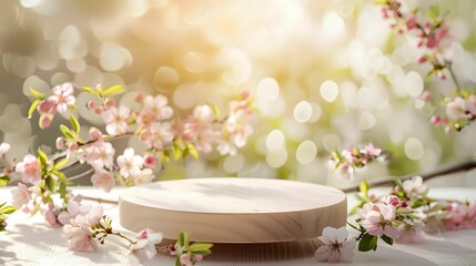 a big platform for holding an object, in the style of beauty editorial, with spring flowers around the base of the prodium, photography, soft sunlight