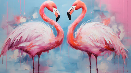 flamingo bird oil painting artwork - hand painted long neck beak tropical bird colorful whimsical watercolor illustration canvas art portrait - acrylic painting coastal landscape wallpaper background