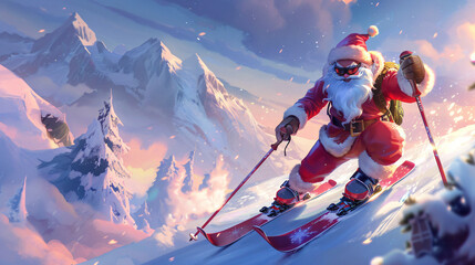 Santa Claus is skiing for fast Christmas delivery.
