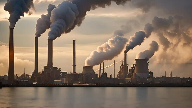 Smoke billows from industrial smoke stacks situated over a body of water, creating a visible impact on the environment
