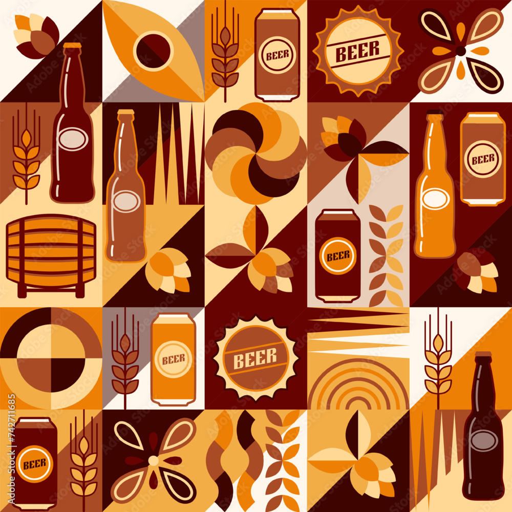 Poster beer theme background with icons, design elements in simple geometric style. seamless pattern with a