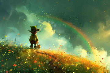 Back view of a leprechaun in green clothing observing a rainbow. Artistic digital painting with spring landscape. St. Patrick's Day and Irish folklore concept