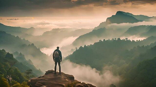 Active man stands on top of mountain, gazing out at vast valley below him