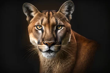 Fotobehang Puma close up portrait with beautiful eyes. Animal on black background. Generative AI © Yaroslav