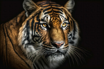 Portrait of a beautiful tiger. Big cat close-up. Tiger looking at you from the dark. Animal on black background. Generative AI