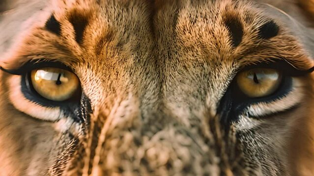 Detailed view of a lions face up close, showcasing its striking yellow eyes and fierce expression