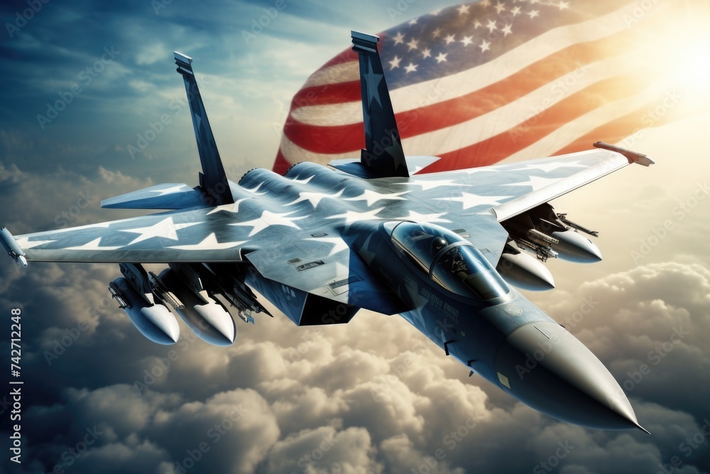 Poster fighter jet flying in the sky with an american flag in the background. suitable for patriotic themes
