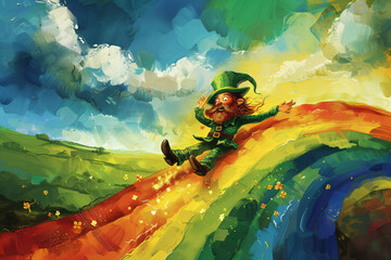 Excited leprechaun sliding down rainbow in colorful landscape. Action-packed illustration of folklore character. Adventure and luck concept for children's literature and Saint Patrick's Day celebratio - obrazy, fototapety, plakaty