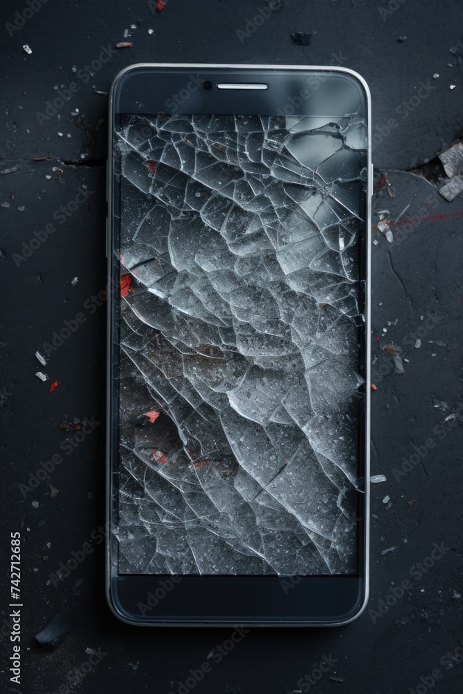 Poster a broken cell phone resting on a table, suitable for technology concepts