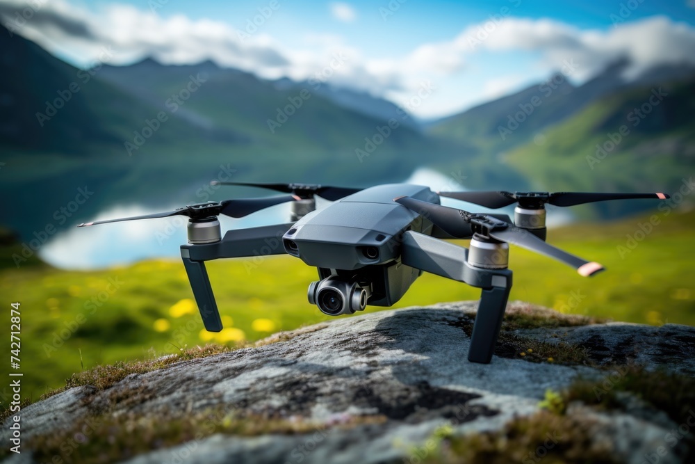 Poster a small quadcopter perched on a rock, suitable for technology concepts