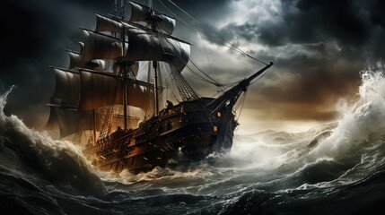 adventure pirate ship storm - obrazy, fototapety, plakaty
